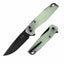 Folding knife with a black blade and light green handle on a white background