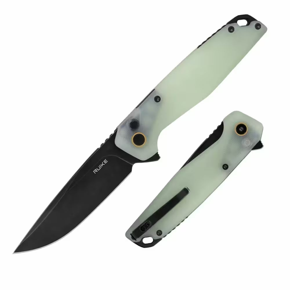 Folding knife with a black blade and light green handle on a white background