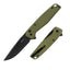 Two green folding knives on a white background