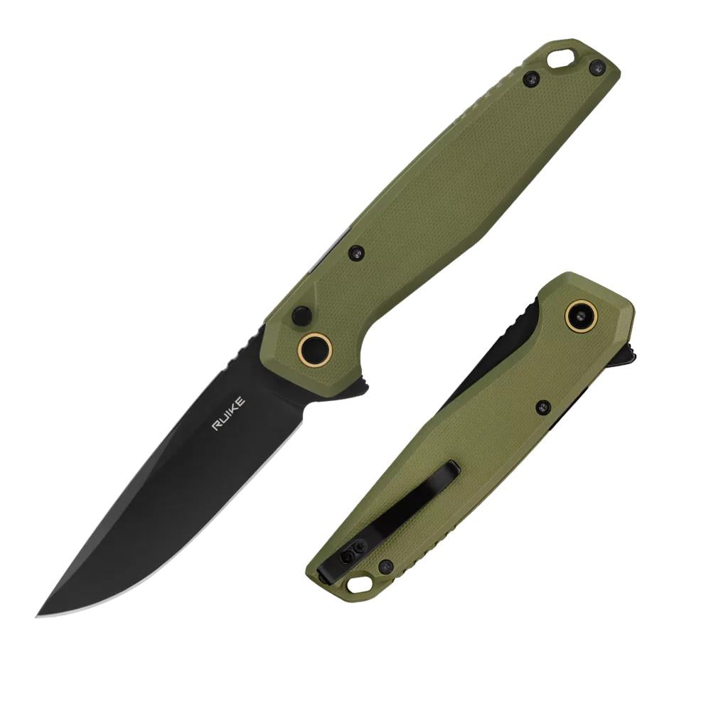 Two green folding knives on a white background