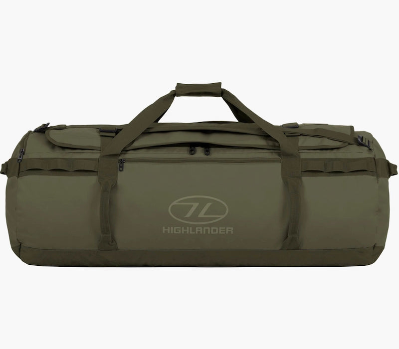 Green duffel bag with Highlander logo on a white background