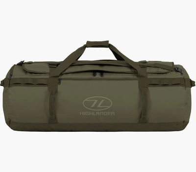 Green duffel bag with Highlander logo on a white background