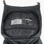 Back of a black backpack with a label on a white background