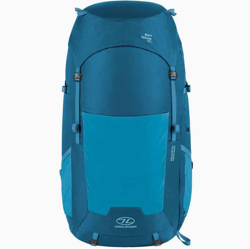 Blue backpack with visible branding on a white background