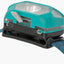 Turquoise bike light attached to a strap on a white background