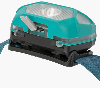 Turquoise bike light attached to a strap on a white background