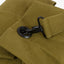 Close-up of a green fabric with a black buckle and strap on a white background