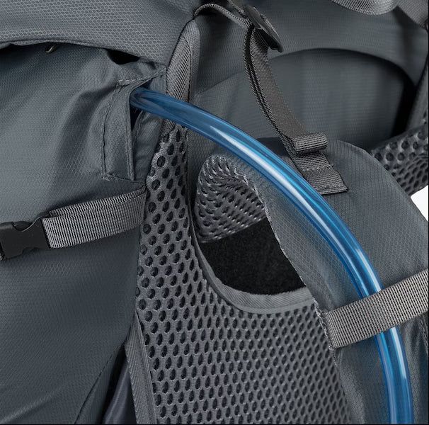 Gray backpack with a blue hydration tube attached