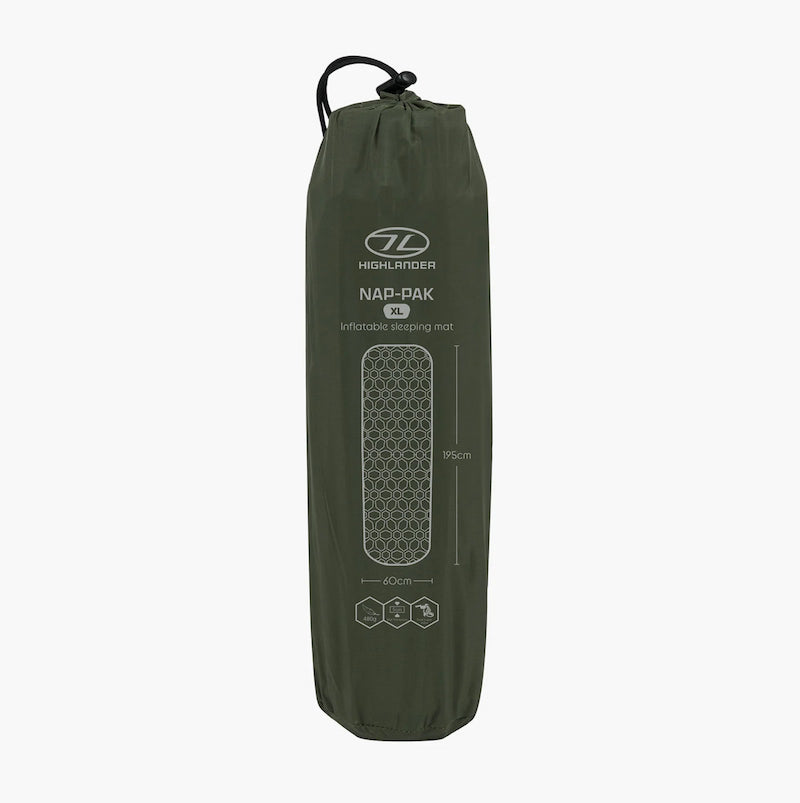 Green inflatable sleeping mat with brand logo on a white background