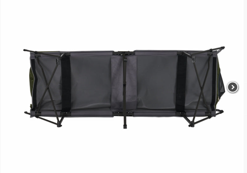 Black camping cot on a white background