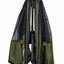 Green and black camping tent with poles on a white background