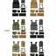 Collection of tactical vests and accessories in various colors on a white background