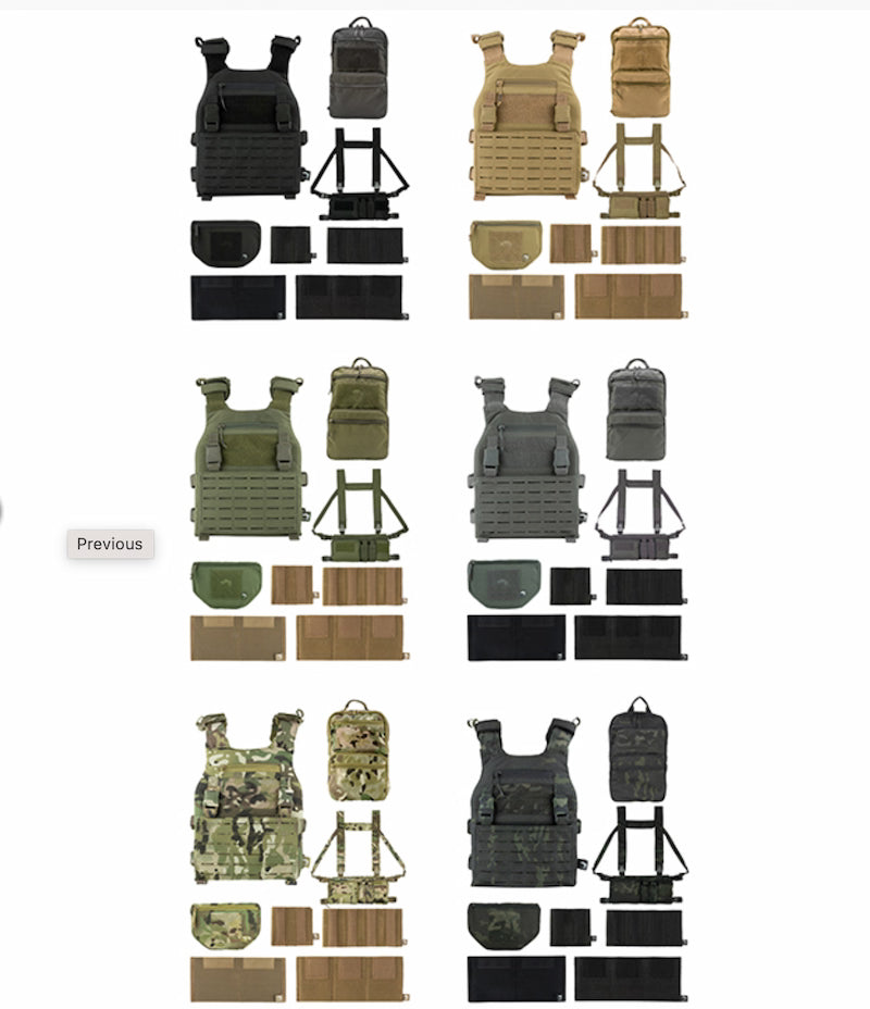 Collection of tactical vests and accessories in various colors on a white background