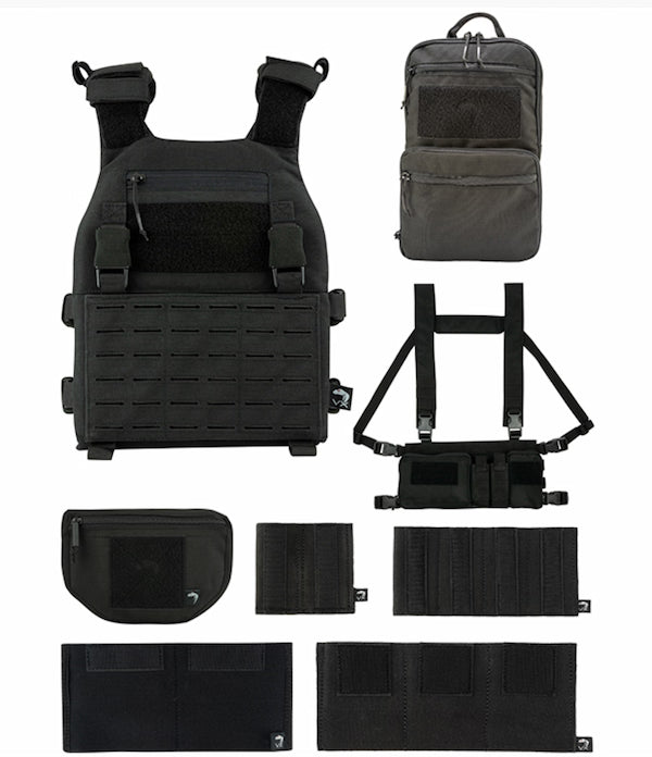 Black tactical vest and accessories on a white background
