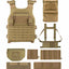 Collection of tactical gear including a vest, pouches, and straps on a white background