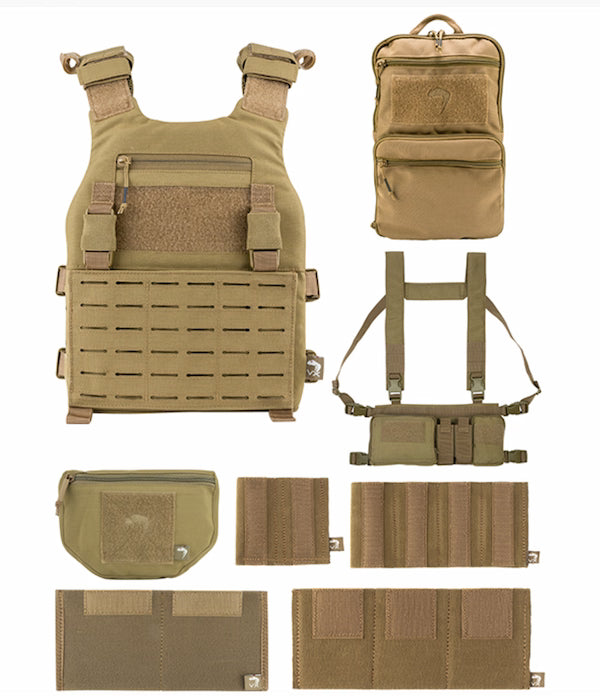 Collection of tactical gear including a vest, pouches, and straps on a white background