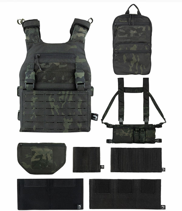 Camouflage tactical vest and accessories on a white background