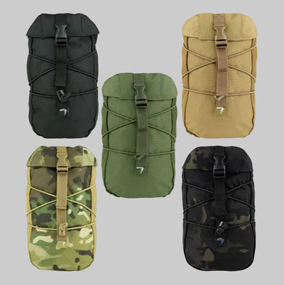 Five tactical pouches in different colors and patterns on a gray background