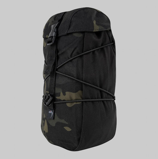 Black camouflage backpack with a gray background