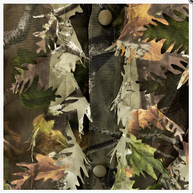 Close-up of a camouflage pattern with leaves and earth tones.