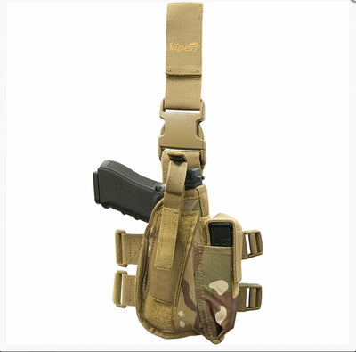 Tan tactical holster with gun and pouches on a white background, featuring the Viper brand.