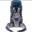 Back view of a blue and gray backpack with straps on a white background