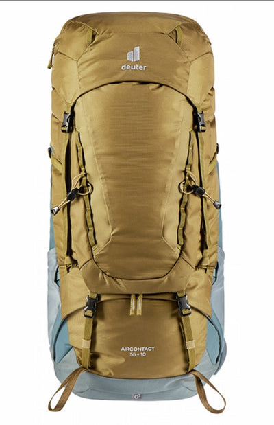 Brown hiking backpack with Deuter logo on a white background