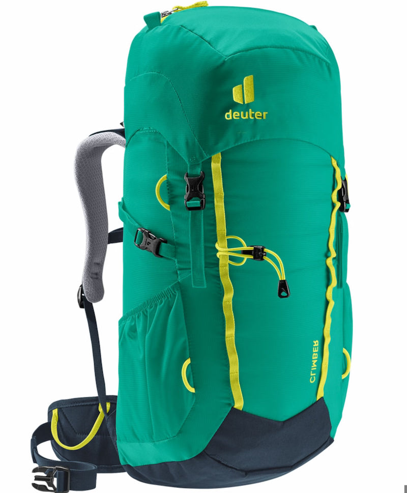 Green hiking backpack with yellow accents and Deuter logo on a white background