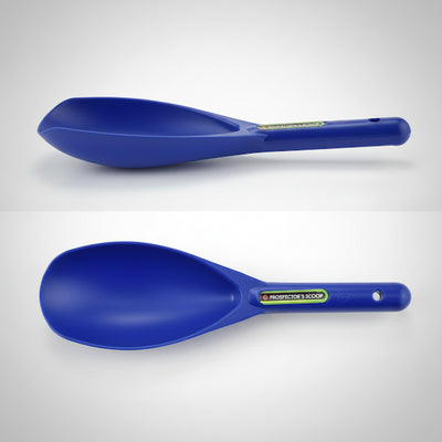 Two blue plastic shovels with handles on a white background