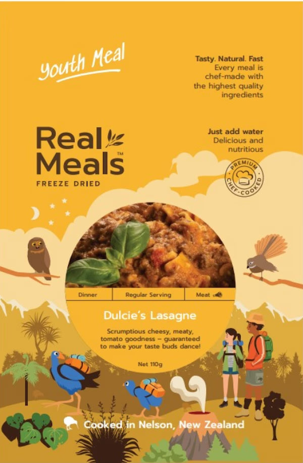 Packaging of Real Meals freeze-dried lasagne with nature-themed design