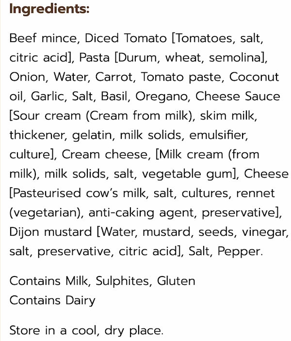 List of ingredients for a food product on a white background