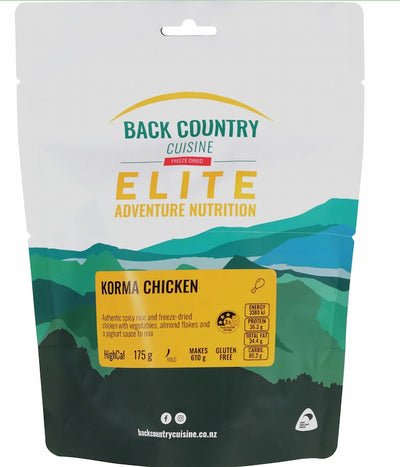 Back Country Cuisine Elite Adventure Nutrition Korma Chicken package with mountain design