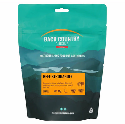 Back Country Cuisine Beef Stroganoff package with mountain design on a teal background