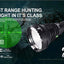 Hunting flashlight with specifications on a dark background