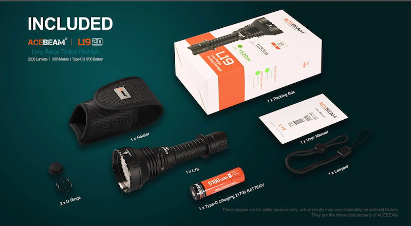 Acebeam L19R tactical flashlight set with packaging and accessories on a dark green background