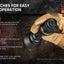 Hand wearing a tan glove holding a flashlight with switch instructions on a dark background