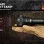 Compact flashlight held in a hand with glove, features and specifications displayed.