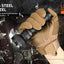 Hand wearing a tactical glove holding a flashlight with shattered glass effect, emphasizing the flashlight's strength.