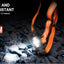 Lighting device with flames and text highlighting durability and fall resistance on a dark background