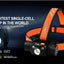 Orange headlamp with text highlighting its features on a dark background