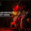 People sitting around a fire with a red LED headlamp, emphasizing night vision protection.