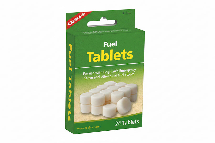 Coghlan's Emergency Fuel Tablets in a green cardboard box with yellow and white text, showing 24 white round tablets pictured on the front.