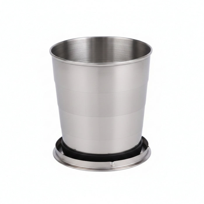 Stainless steel collapsible cup on a white background