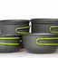 Set of gray camping pots with green handles on a white background