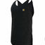 Black tank top with a small logo on a white background