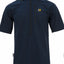 Navy blue short-sleeve shirt with a logo on a white background