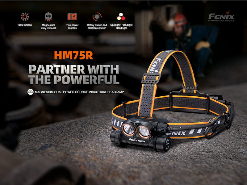 Fenix HM75R headlamp on a dark surface with blurred background