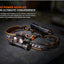 Headlamp with power extender on a dark surface, featuring text about power sources.