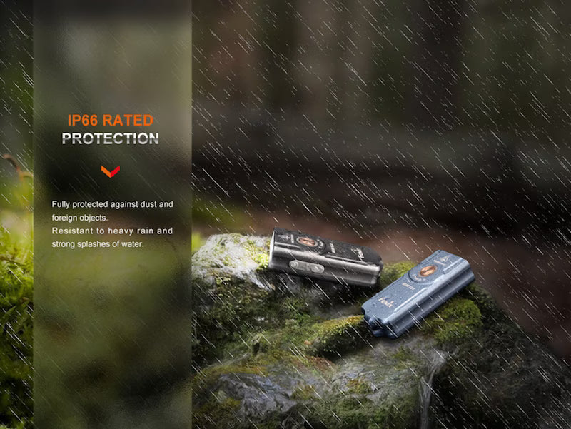 Two flashlights on a rock with raindrops, emphasizing IP66 rating.