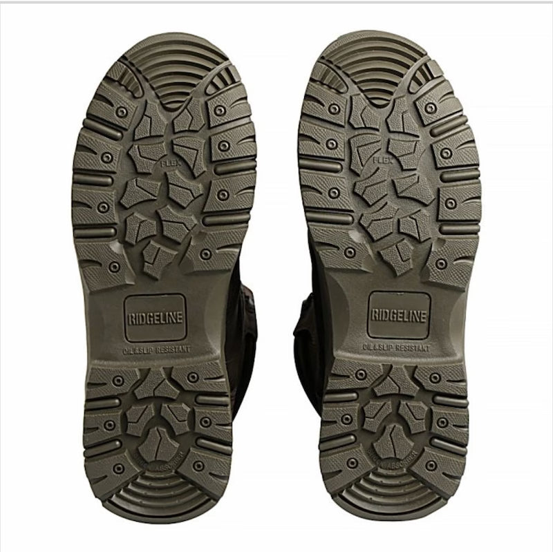 Close-up of the soles of a pair of boots with 'Ridgeline' branding on a white background.